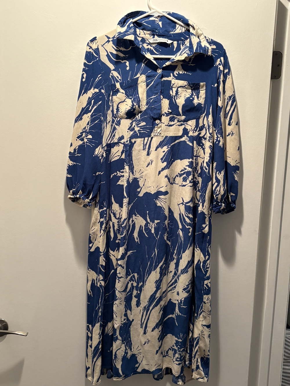 Zara Blue and Cream Abstract Midi Shirt Dress